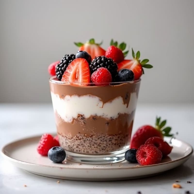 Creamy Chocolate Protein Chia Pudding Parfait with Fresh Berries and Nut Butter Drizzle
