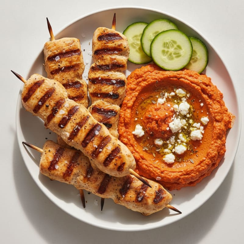 Roasted Red Pepper Feta Dip with Grilled Chicken Skewers