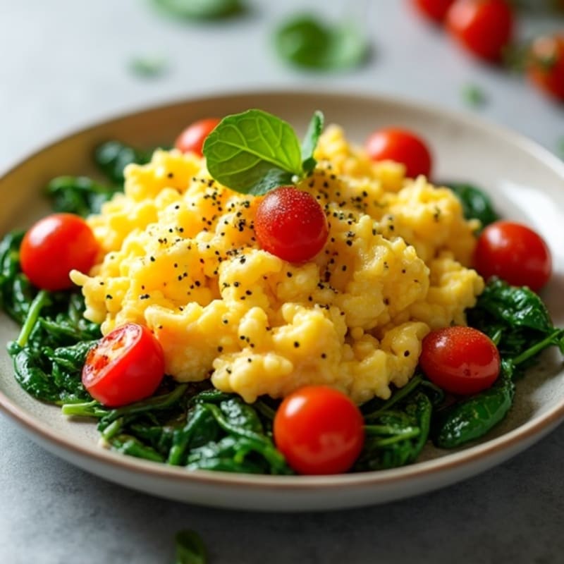 Fluffy Scrambled Eggs with Sautéed Spinach and Cherry Tomatoes