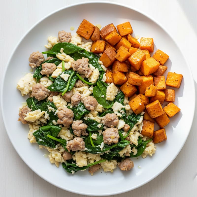 Egg White and Turkey Sausage Scramble with Spinach and Roasted Sweet Potatoes
