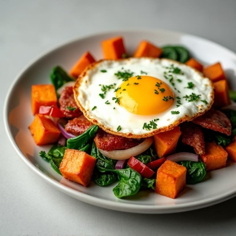 Crispy Sweet Potato and Egg Hash with Sautéed Greens