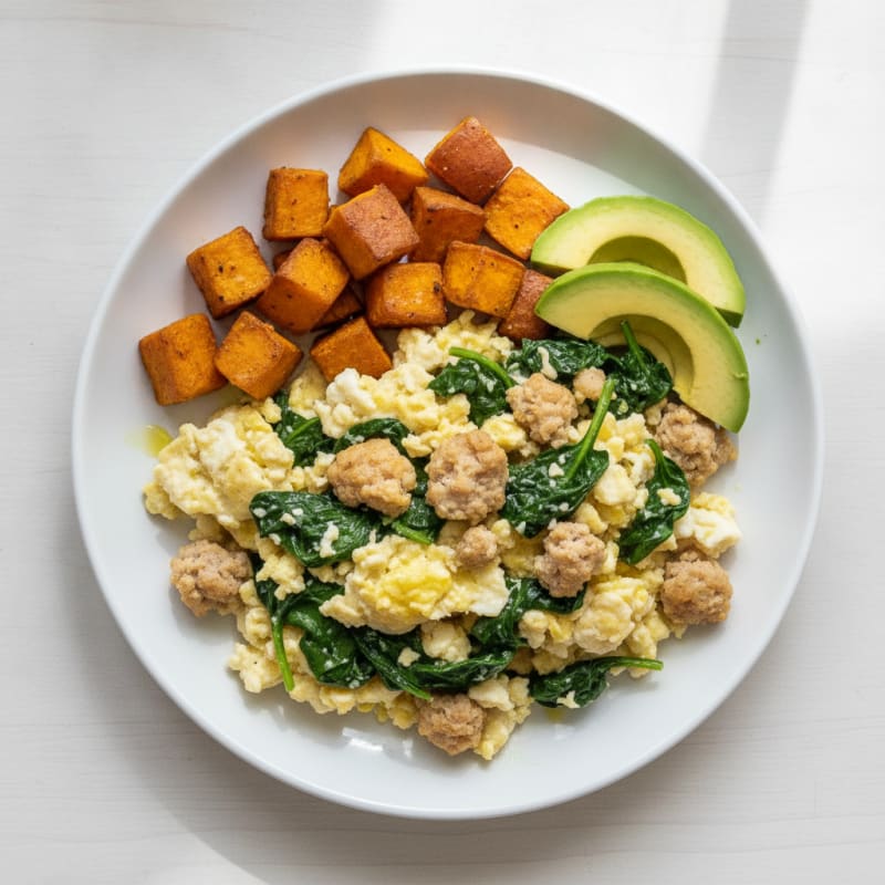 Egg White Scramble with Turkey Sausage and Sautéed Spinach