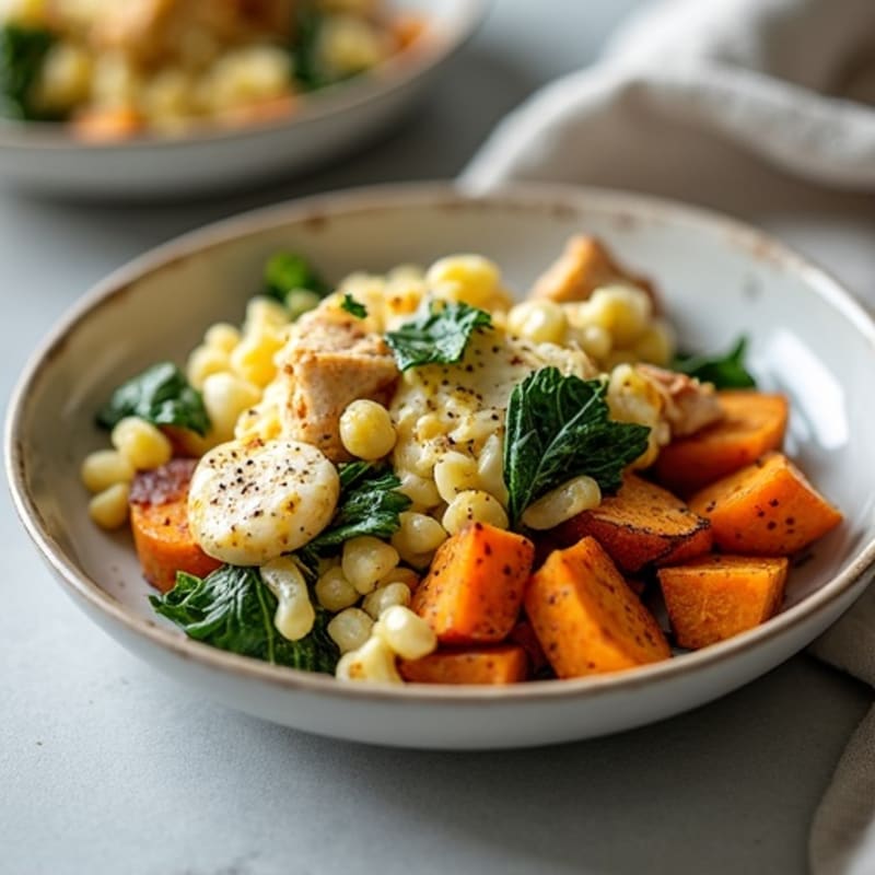 Chicken Breast and Spinach Egg White Scramble with Roasted Sweet Potatoes