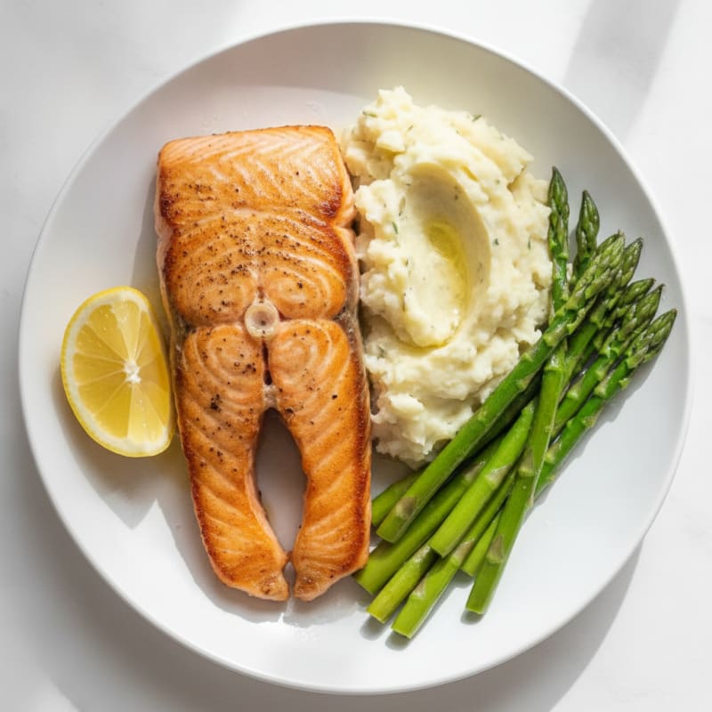 Seared Salmon Filet with Steamed Asparagus and Garlic Mashed Potatoes