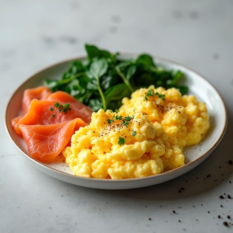 Scrambled Eggs with Smoked Salmon and Sautéed Spinach