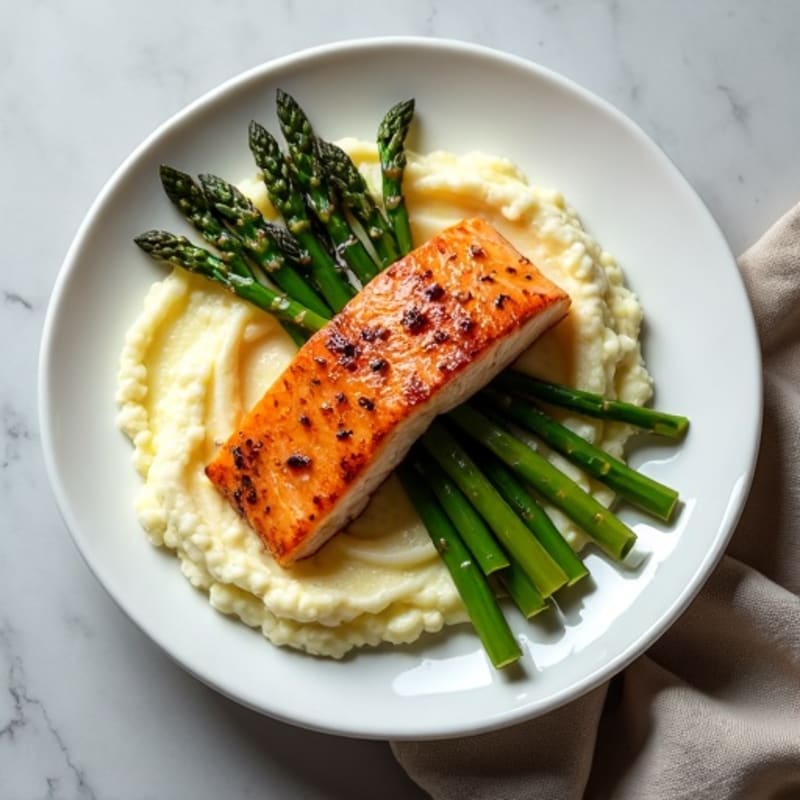 Seared Salmon with Roasted Asparagus and Cauliflower Mash