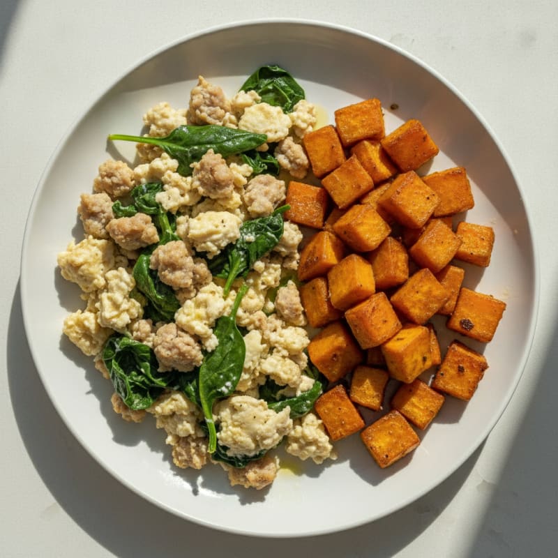 Egg White and Turkey Sausage Scramble with Spinach and Roasted Sweet Potato