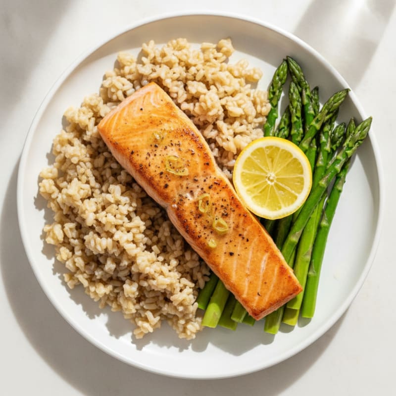 Seared Salmon with Steamed Asparagus and Brown Rice