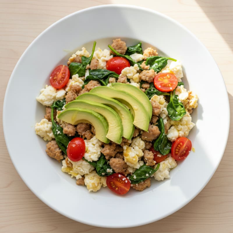 Egg White and Turkey Sausage Scramble with Spinach and Tomatoes