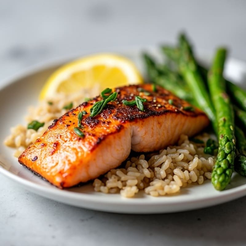 Seared Salmon with Steamed Asparagus and Brown Rice