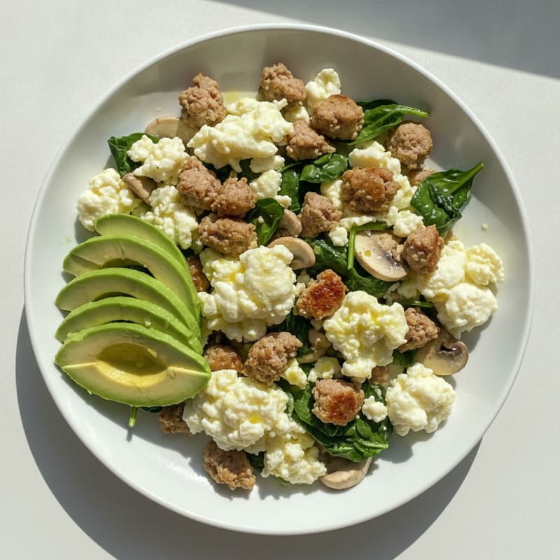 Egg White and Turkey Sausage Scramble with Spinach and Mushrooms