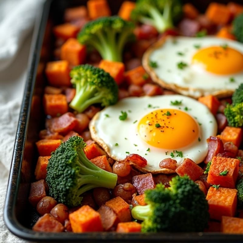 Sheet Pan Roasted Eggs with Sweet Potatoes and Broccoli