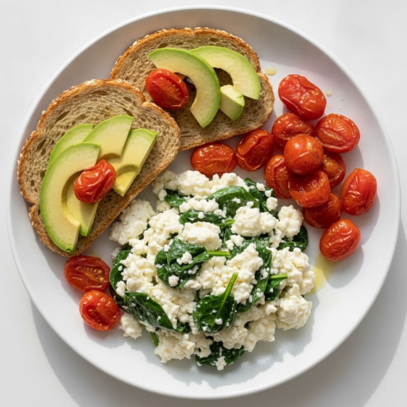 Egg White Spinach Scramble with Cottage Cheese and Cherry Tomatoes