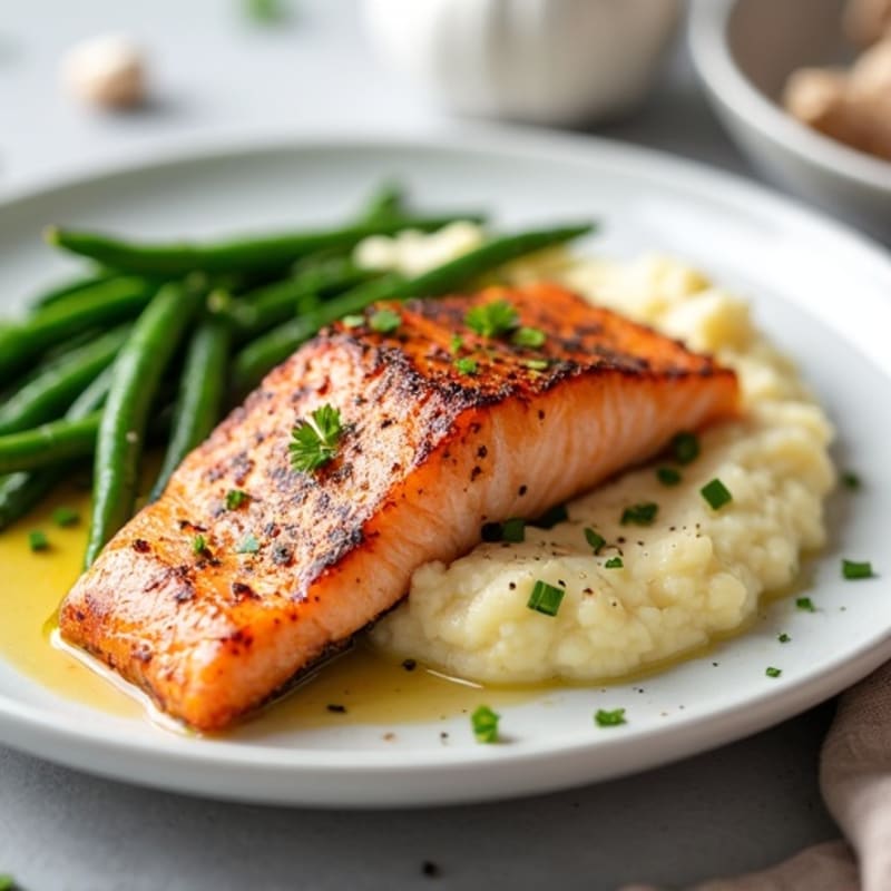 Seared Salmon with Garlic Green Beans and Cauliflower Mash