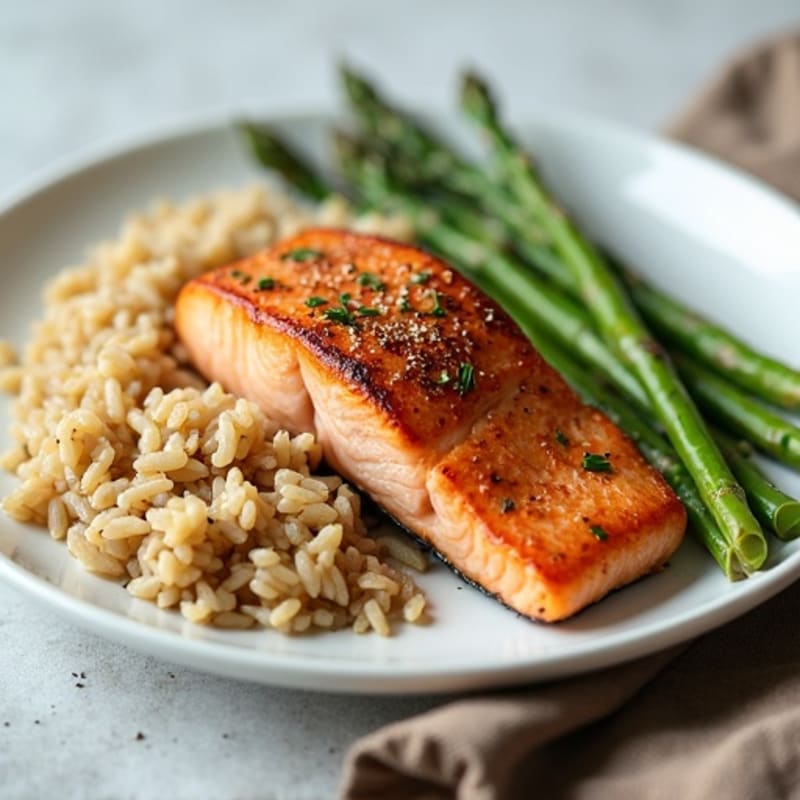 Seared Salmon with Steamed Asparagus and Brown Rice