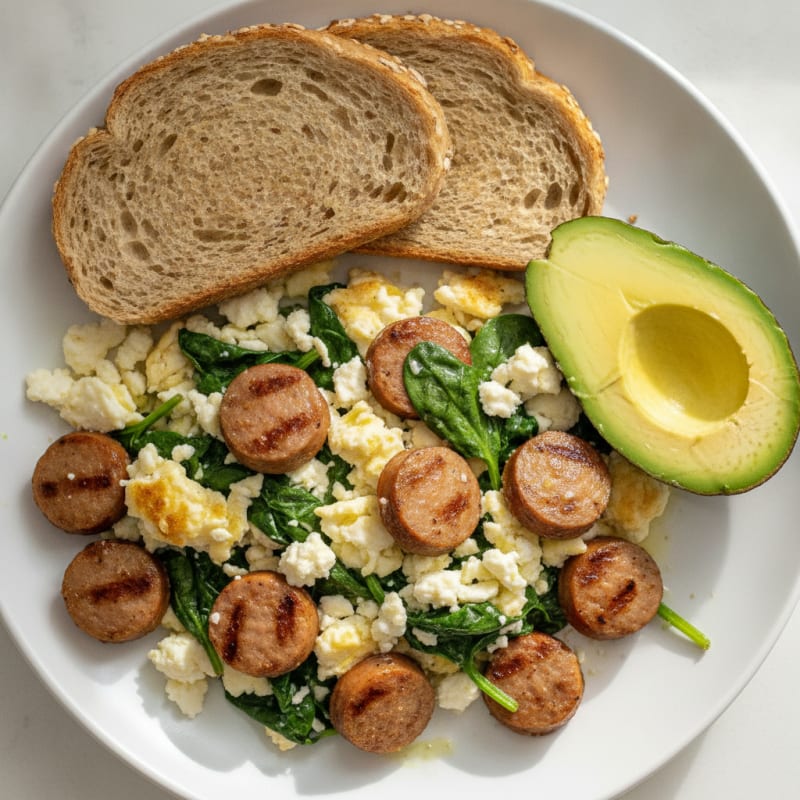 Egg White and Turkey Sausage Scramble with Spinach and Feta