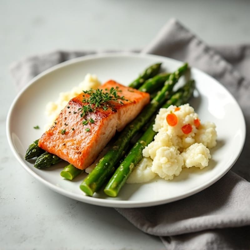 Seared Salmon with Steamed Asparagus and Cauliflower Mash