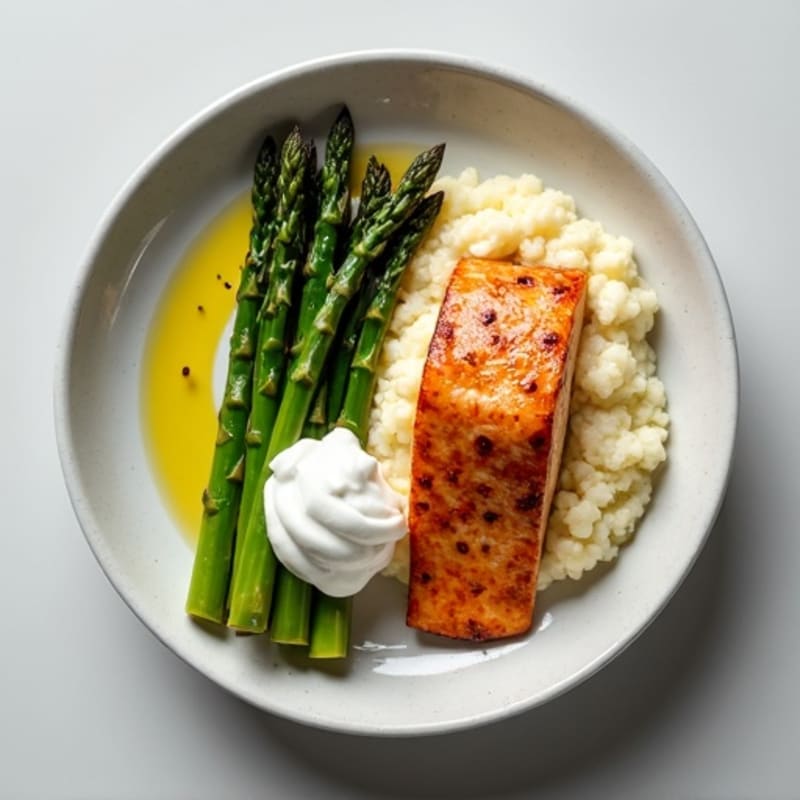 Seared Salmon with Steamed Asparagus and Cauliflower Mash