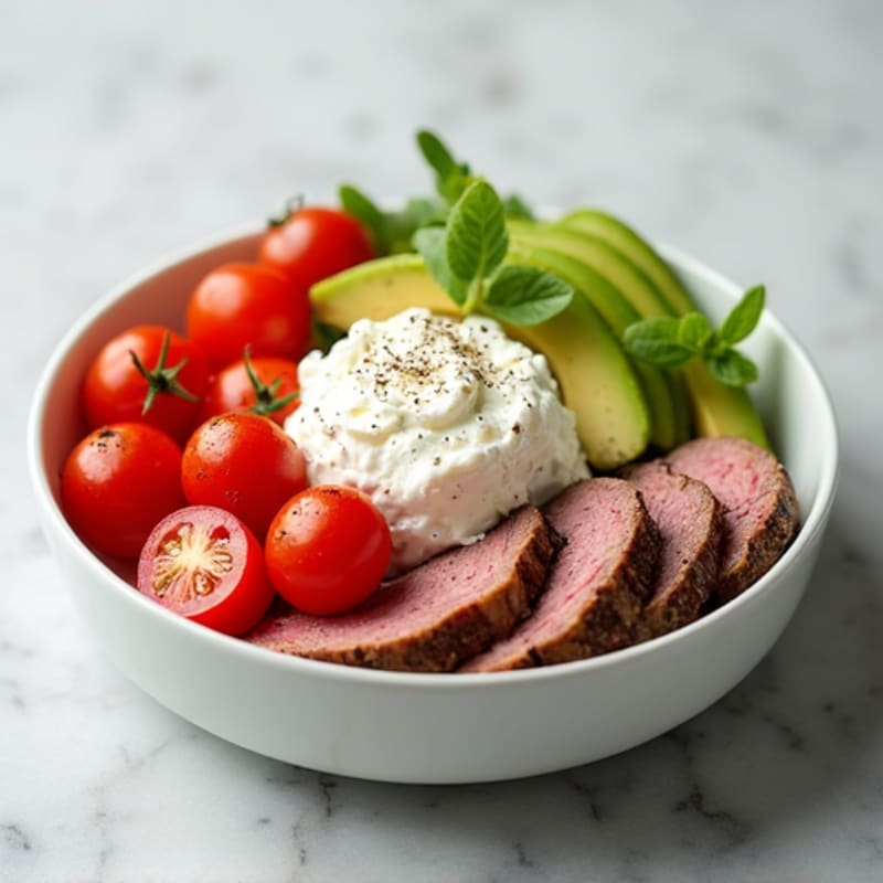 Cottage Cheese with Sliced Steak and Cherry Tomatoes
