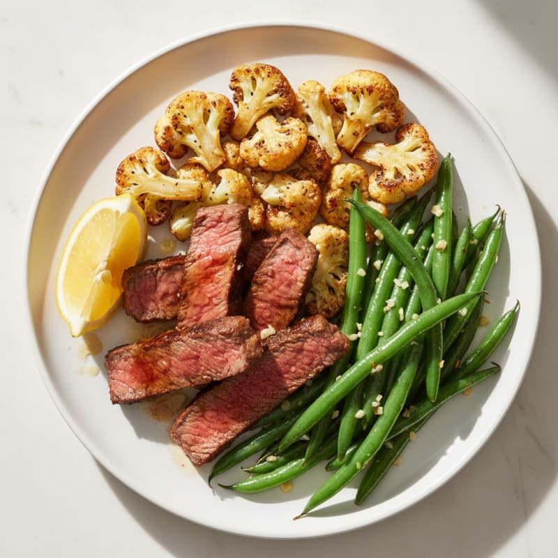 Seared Lean Beef Strips with Roasted Cauliflower and Garlic Green Beans