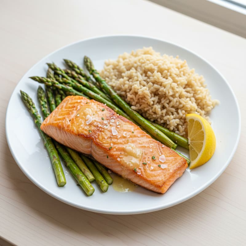 Seared Salmon Fillet with Roasted Asparagus and Brown Rice