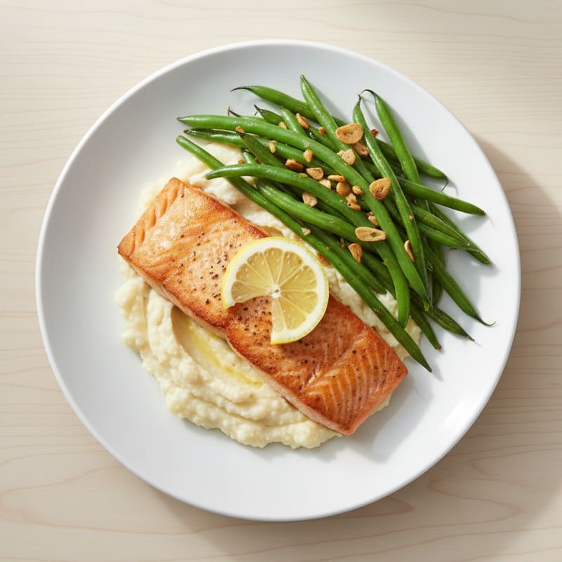 Seared Salmon with Garlic Green Beans and Mashed Cauliflower