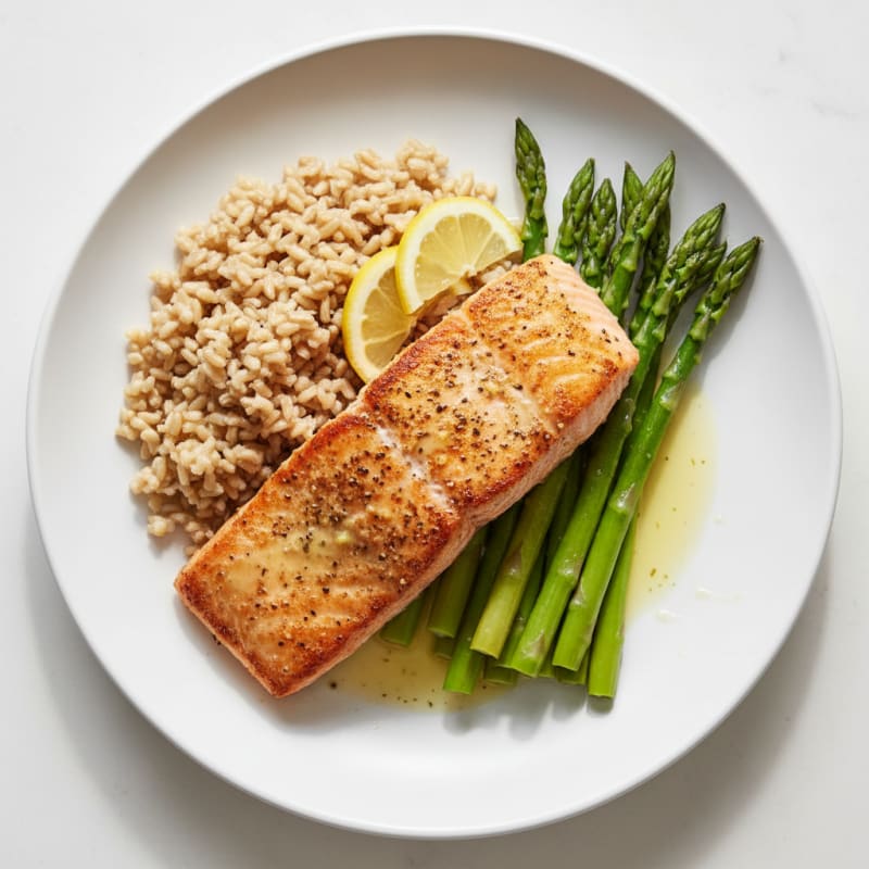 Seared Salmon with Steamed Asparagus and Brown Rice