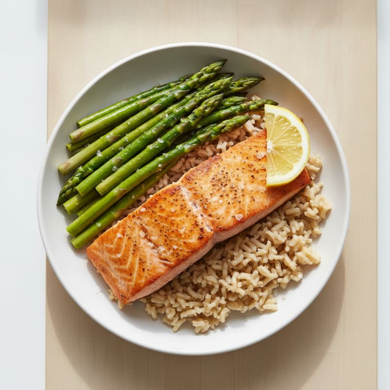 Seared Salmon with Steamed Asparagus and Brown Rice