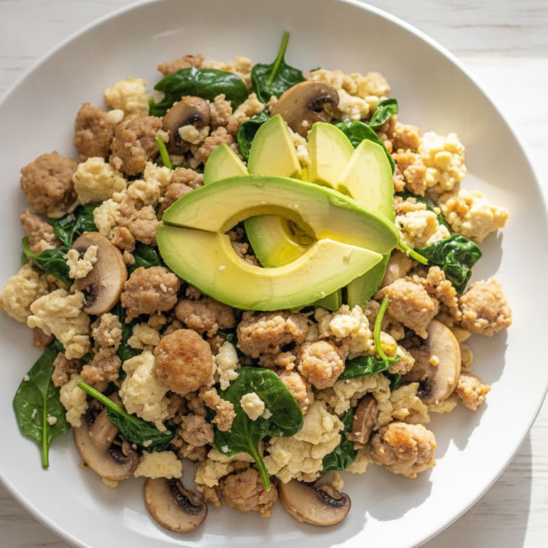 Egg White and Turkey Sausage Scramble with Spinach and Sautéed Mushrooms