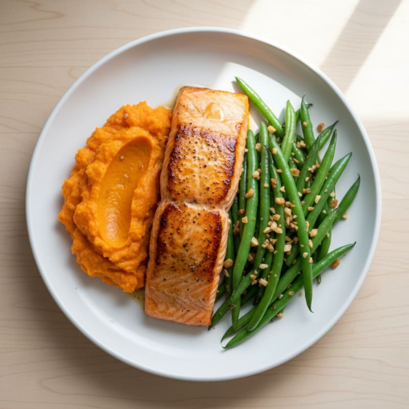Seared Salmon with Garlic Green Beans and Sweet Potato Mash