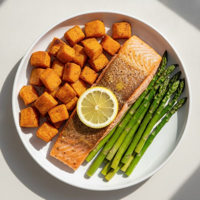 Seared Salmon with Roasted Sweet Potatoes and Asparagus