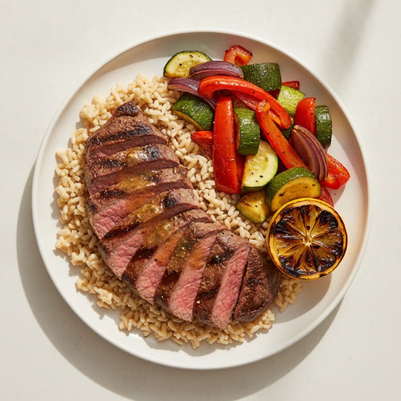 Grilled Lean Beef with Roasted Vegetables and Brown Rice