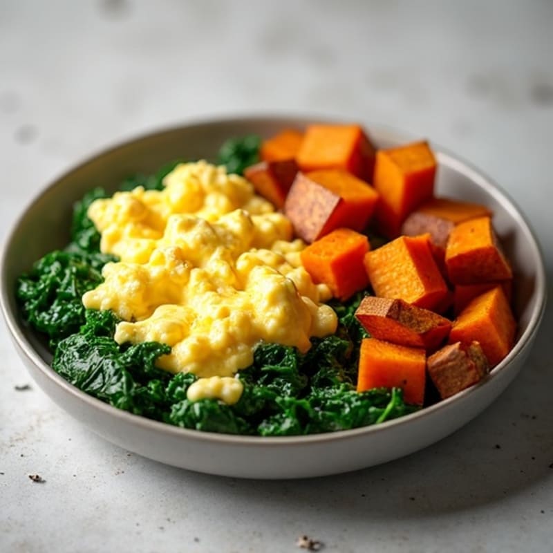 Fluffy Egg Scramble with Fresh Spinach and Roasted Sweet Potatoes
