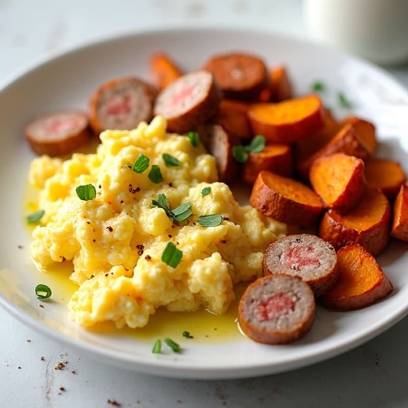 Egg White Scramble with Turkey Sausage and Roasted Sweet Potato