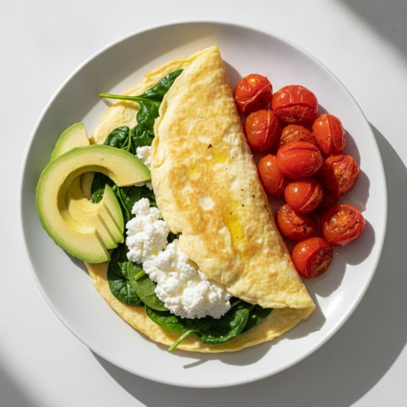 Egg White Spinach Omelet with Cottage Cheese and Cherry Tomatoes