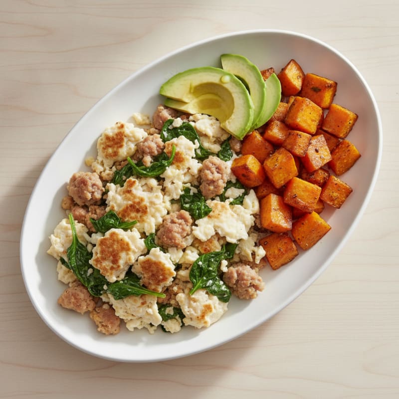Egg White and Turkey Sausage Scramble with Spinach and Roasted Sweet Potato