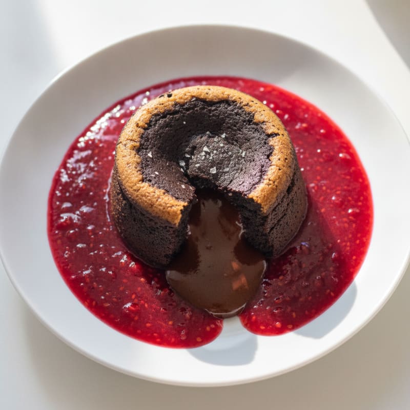 High-Protein Chocolate Lava Cake with Raspberry Coulis