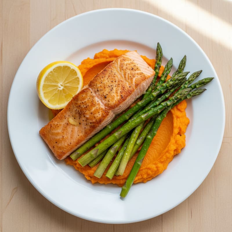 Seared Salmon with Roasted Asparagus and Sweet Potato Mash