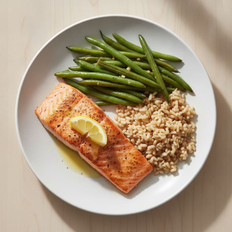 Seared Salmon with Garlic Green Beans and Brown Rice