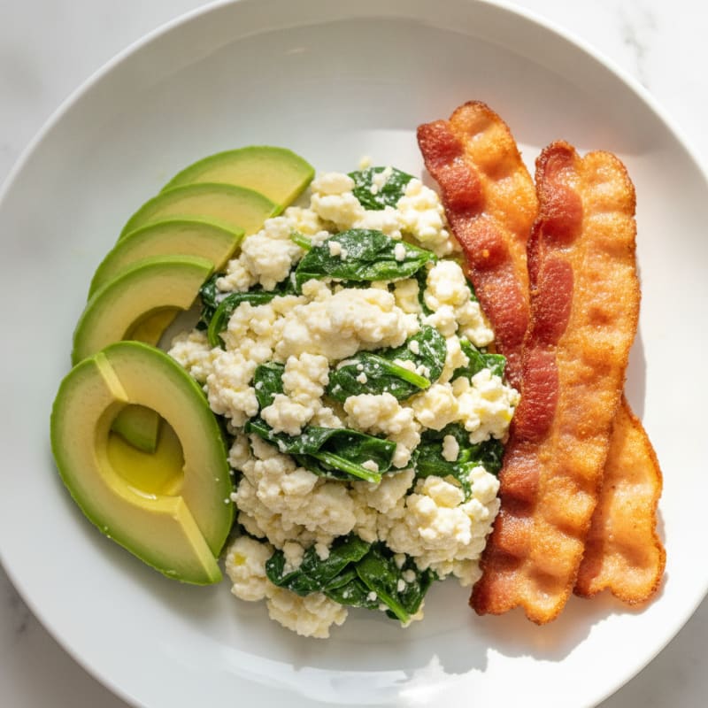 Cottage Cheese Egg White Scramble with Spinach and Turkey Bacon