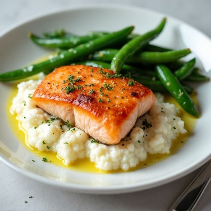 Seared Salmon with Garlic Green Beans and Cauliflower Mash