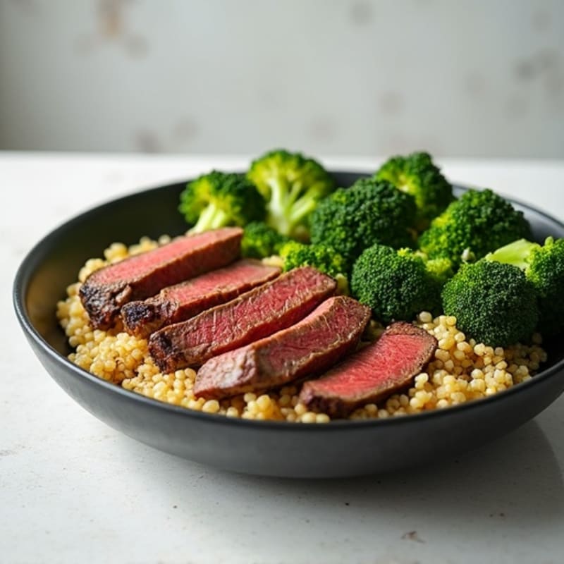 Seared Lean Beef Strips with Roasted Broccoli and Quinoa
