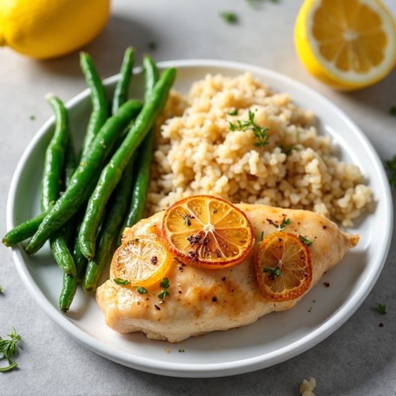 Lemon Garlic Chicken with Fluffy Brown Rice and Roasted Green Beans
