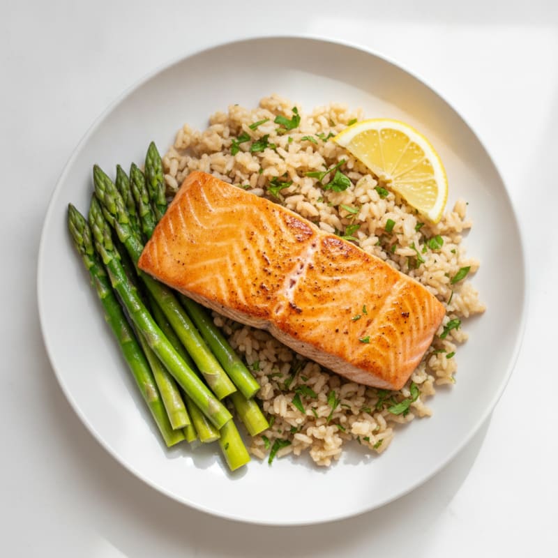 Seared Salmon Fillet with Steamed Asparagus and Herbed Brown Rice