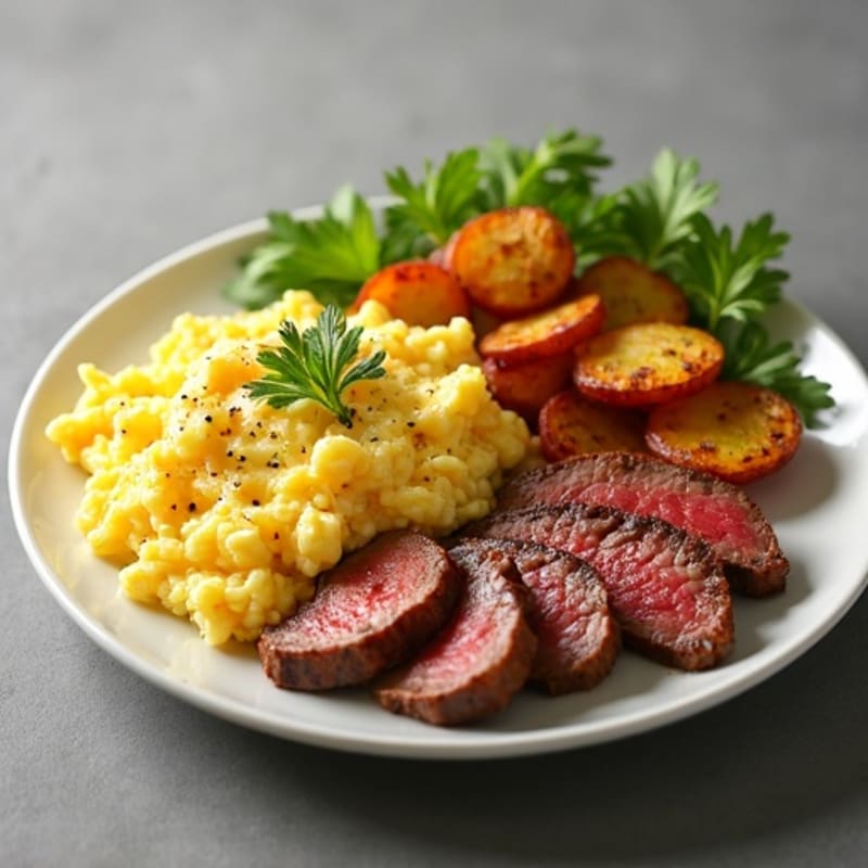 Scrambled Eggs with Seared Steak and Crispy Breakfast Potatoes