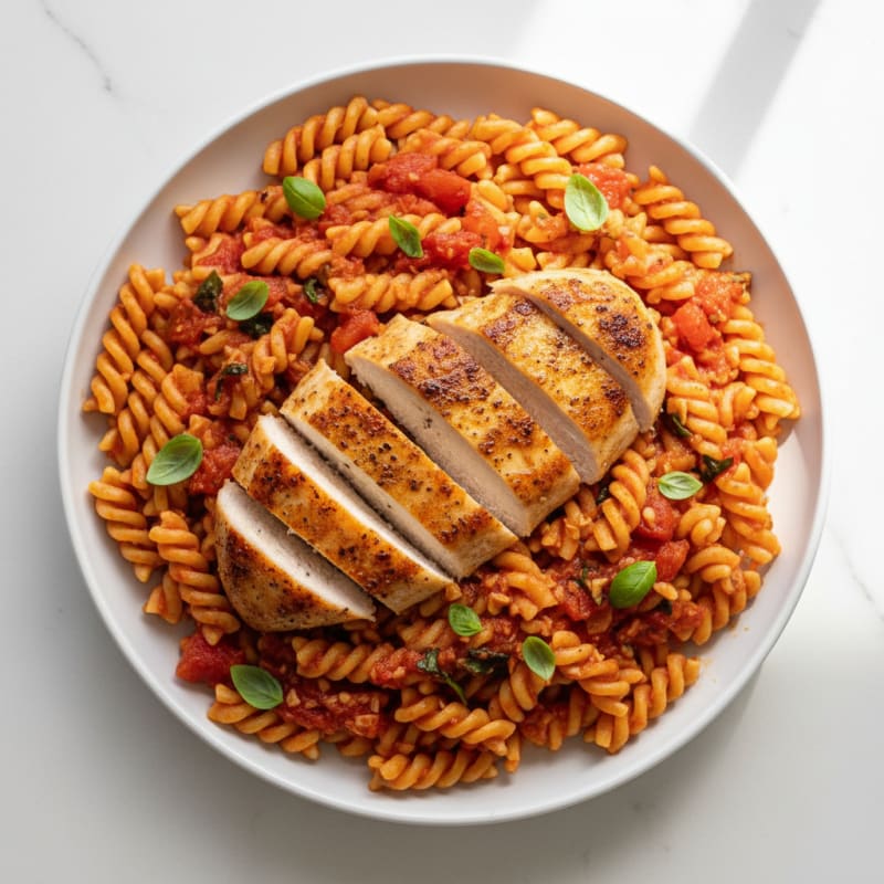 Seared Chicken Breast with Protein Pasta and Tomato Basil Sauce