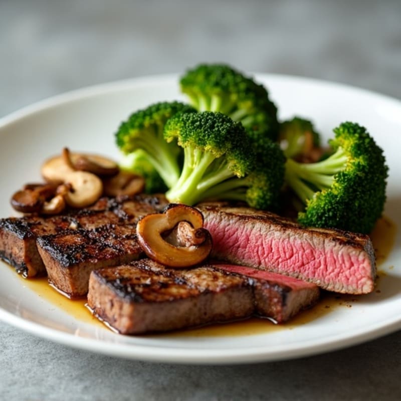 Seared Lean Beef with Roasted Broccoli and Garlic Mushrooms