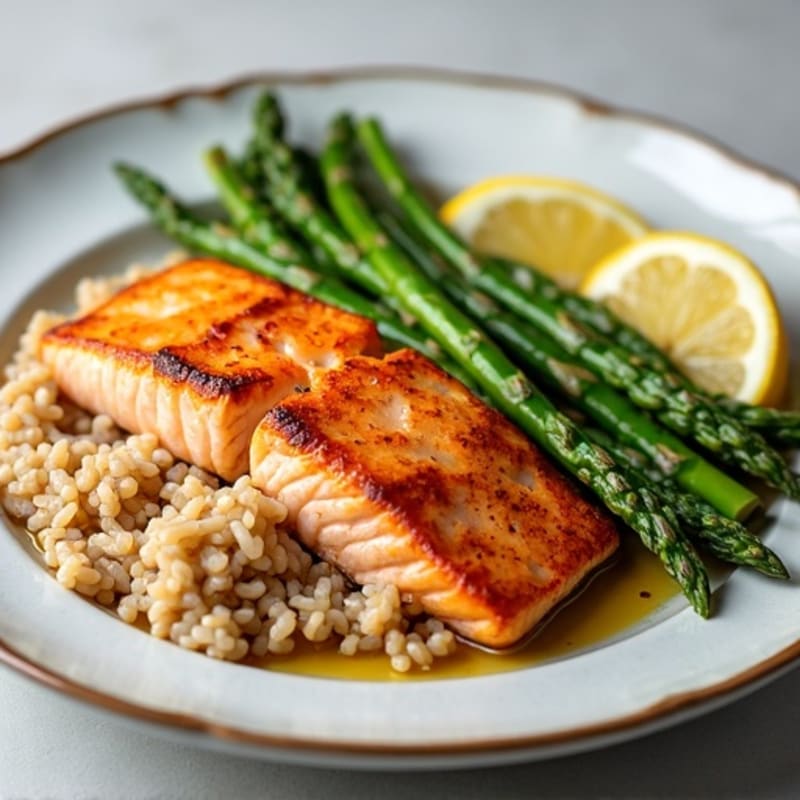 Seared Salmon with Steamed Asparagus and Brown Rice