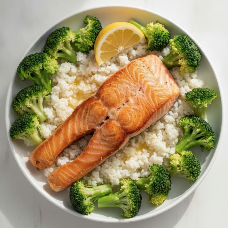 Seared Salmon with Steamed Broccoli and Cauliflower Rice