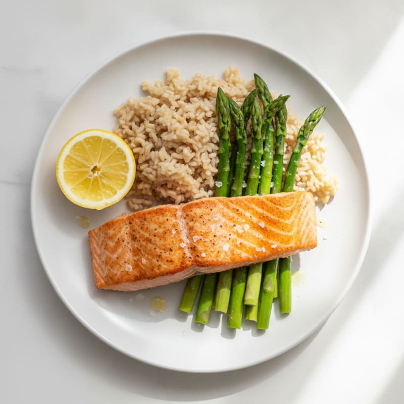 Seared Salmon with Steamed Asparagus and Brown Rice